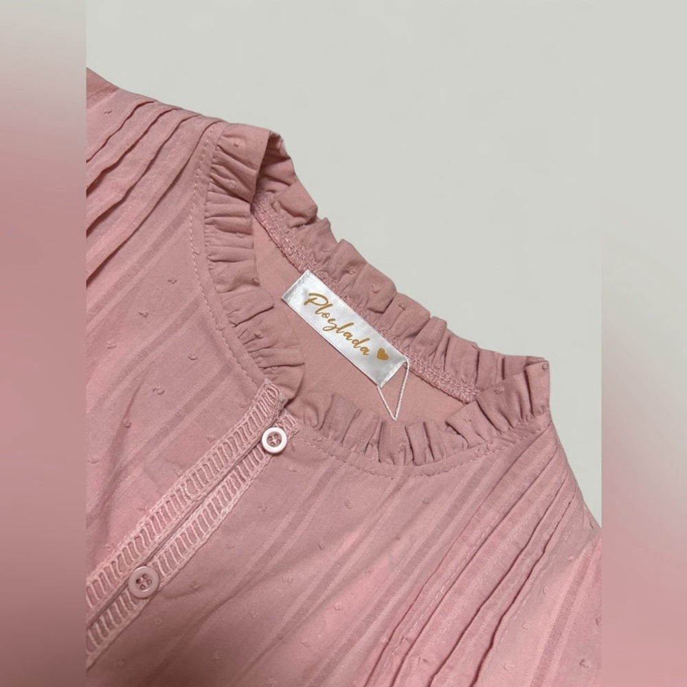 Pink Top Women Size Large Cotton Swiss Dot Pleated Ruffle Round Neckline Long - Picture 8 of 13